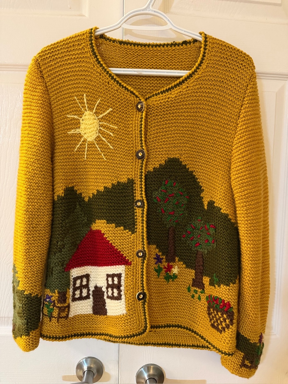 Vintage 90s Storybook Cardigan - Cottagecore Landscape Wool Sweater - Picture 2 of 6